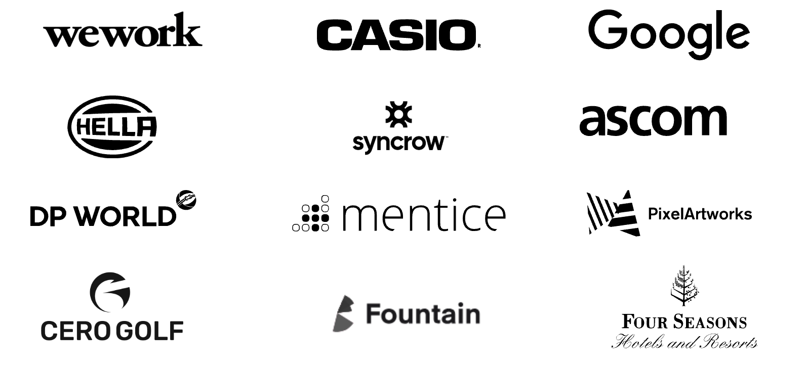 Client logos including Google, WeWork, CASIO, ASCOM, HELLA, DP World, Syncrow, Mentice, PixelArtworks, Cero Golf, Fountain, and Four Seasons